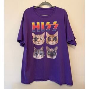 HISS Cat Parody Rock Band Graphic Tee Purple Funny Cat Shirt, XL